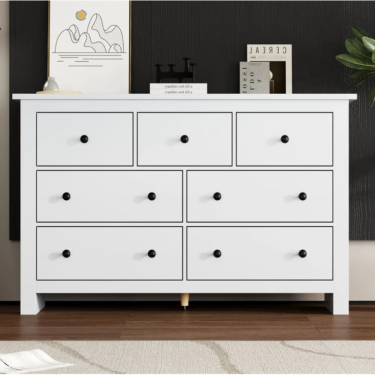 DESVIAE Sideboard mit 7 Schubladen, 152x88,5x40 cm, aus Spanplatte, Weiß – Bild 1