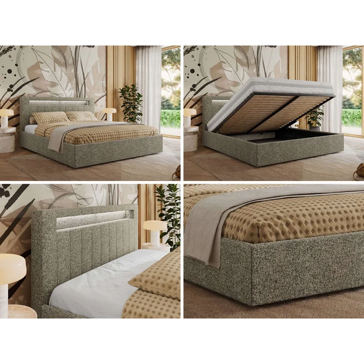 Polsterbett GOLD 5 CLASSIC 180 x 200 cm mit LED-Beleuchtung & Bettkasten, Doppelbett inkl. Lattenrost, Metall-Lift-System & Stauraum, Multipocket Matratze - Grau Struktur - ELORI LUX – Bild 2