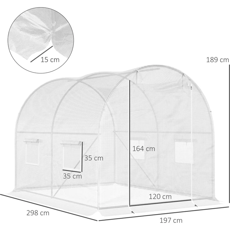 Wohnora-Tunnelgewächshaus, 6 m² (3 m L x 2 m B x 1,9 m H), verstärkter, verzinkter Stahl, 2,4 cm Durchmesser, Fenster und Tür aus hochdichtem PE Weiß,H 1900cm x T 1550cm x B 2000cm,Weiß – Bild 4