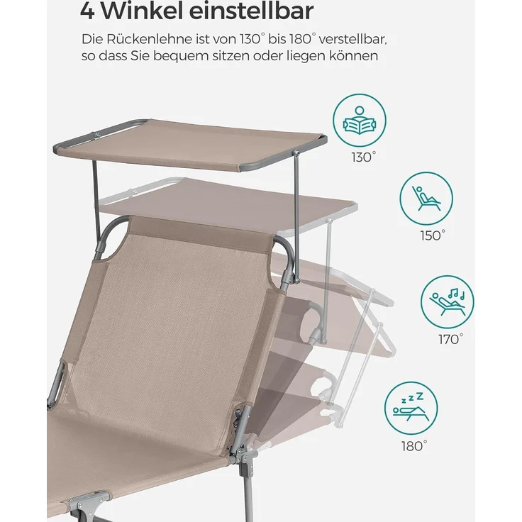 Songmics Sonnenliege mit Sonnenschutz, Kopfstütze & verstellbarer Rückenlehne, klappbar, 200 x 71 x 38 cm, Taupe – Bild 3