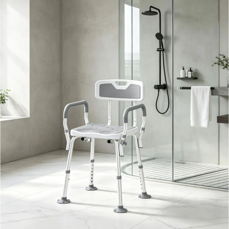 Duschstuhl aus Aluminium mit Rückenlehne & höhenverstellbarem Sitz, 56,5x53,5x74-87 cm, Hellgrau – Bild 2