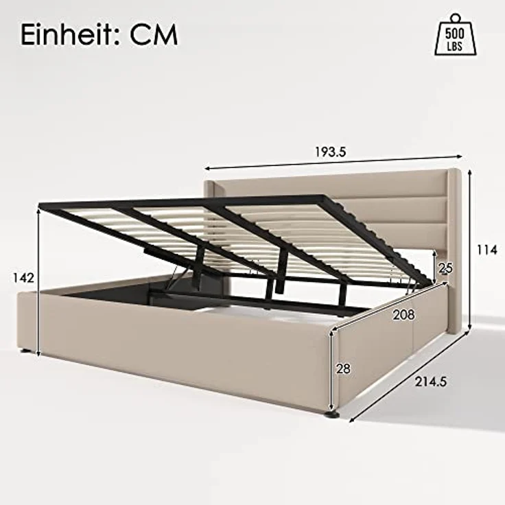 Ball & Cast Polsterbett (180x200cm) mit Stauraum, Stauraumbett mit Metallrahmen-Lattenrost, Einfache & Zeitsparende Montage, Ohne Matratze, Beige – Bild 2