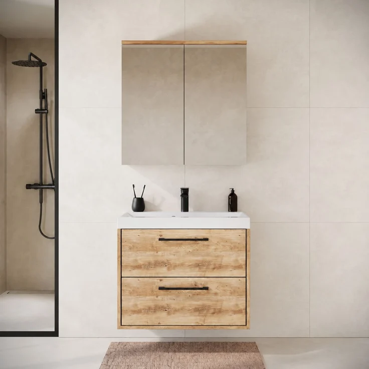 Badmöbel Komplettset Florence 60 x 35 cm Kastanie Eiche - Badezimmermöbel mit Waschbecken und Spiegelschrank – Bild 5