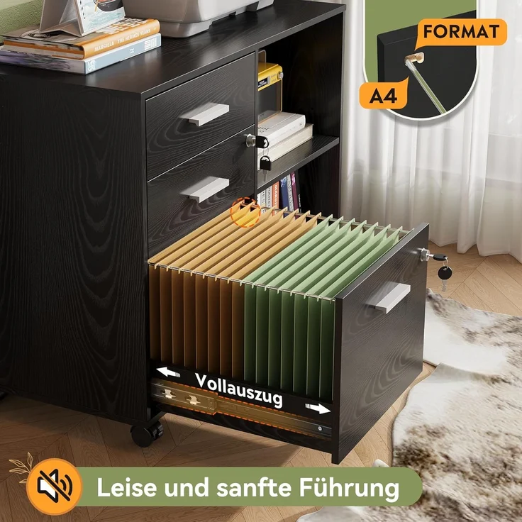 DEVAISE Rollcontainer mit 3 Schubladen und offenen Fächern, mobiler Aktenschrank mit Rollen, Druckertisch für DIN A4/Legal/Letter, abschließbarer Schrank für Büro und Homeoffice, Schwarz--Antikschwarz--63x40x80cm--YOUDENOVA – Bild 3