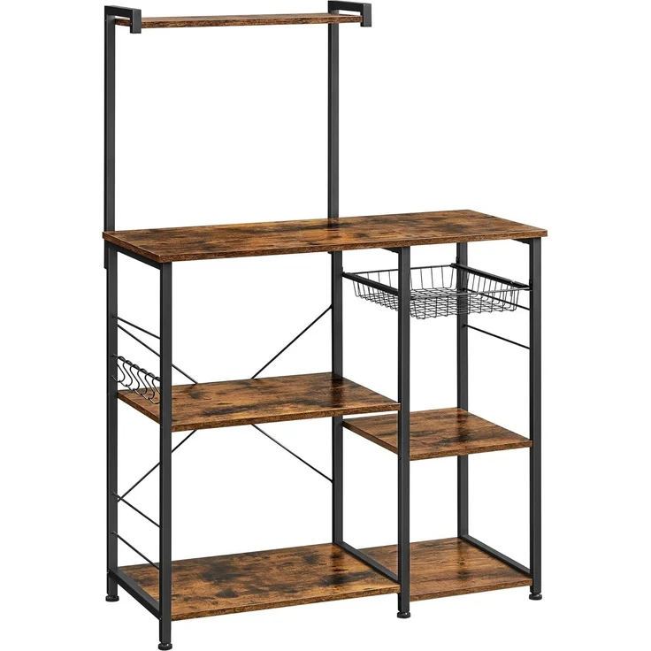 Vasagle Küchenregal, Standregal mit Metallkorb, Bäckerregal mit 6 S-Haken und Regalablagen, Mikrowellenregal, Gewürzregal, für Töpfe und Pfannen, Industrie-Design, Vintagebraun-schwarz von Songmics KKS35X – Bild 1