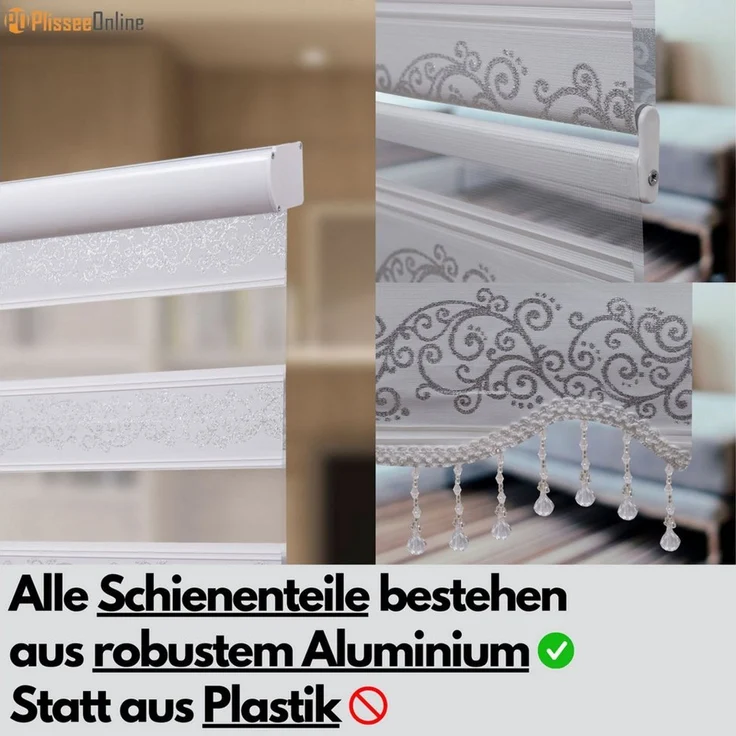 Doppelrollo Duorollo Doppelrollo mit Kassette Rankenmuster und Perlen Höhe: 200 cm, Plisseeonline, blickdicht, Deckenmontage, Freihängend, Deckenmontage mit Clips, Mit Motiv und Alu Kassette in Weiß Gold Schwarz – Bild 3