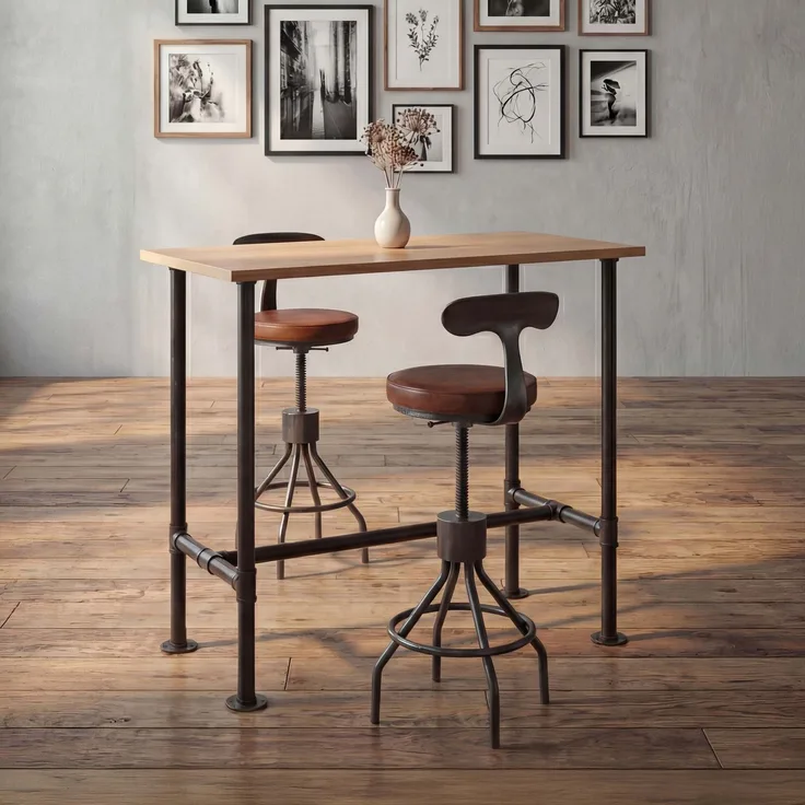 Set Bartisch + 2x Barhocker HWC-N21, höhenverstellbar drehbar Fußablage, Industrial Metall Kunstleder ~ natur, braun