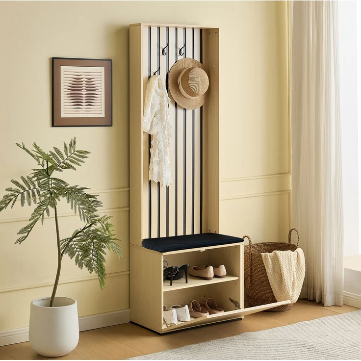 Garderobe mit gepolsterter Sitzbank und Stauraum, 61x35x179,5 cm, Holzfarben – Bild 2