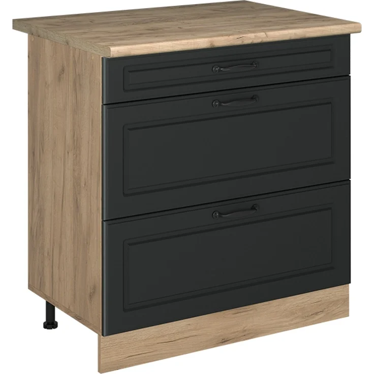 Küchenunterschrank R-Line Anthrazit Landhaus/Goldkraft Eiche 80 cm mit 3 Schubladen Arbeitsplatte Goldkraft Eiche Vicco – Bild 1