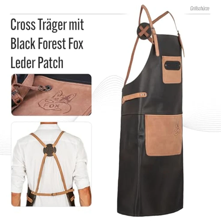 BLACK FOREST FOX Grillschürze X-FOX Büffel Leder Grillschürze BBQ Kochschürze Küchenschürze, Büffelleder, Rückenpatch, gekreutzte Träger – Bild 4