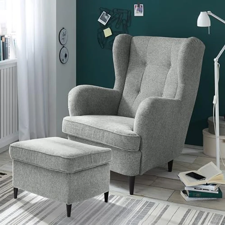 OSKAR Ohrensessel inkl. Fußhocker, Hellgrau - Vintage Wohnzimmer Sessel Set mit Massivholz Füßen - 78 x 102 x 98 cm (B/H/T) – Bild 3