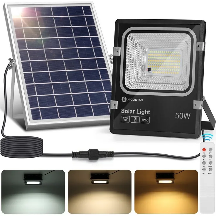 Aigostar Flutlichtstrahler Solar LED Strahler Außen,50W,Dimmbar 3000K/4500K/6500K,IP66,2 m Kabel, LED fest integriert, kaltes weißes Licht