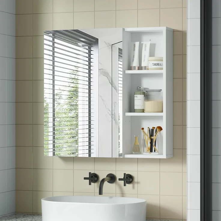 Mondeer Badezimmerspiegelschrank Badezimmerspiegel mit 1 Tür und 4 Haken verstellbare Ablagen, 65 x 15 x 65 cm, Weiß – Bild 5