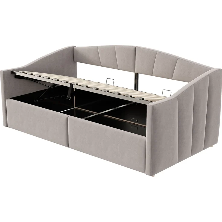 Polsterbett Sofabett 90*200 cm, Mit hydraulischer Lagerung, Mit Lattenrost und Armlehnen, Klassisch Gestreift, Multifunktionales Einzelbett, Hautfreundlicher Samtstoff, Hellgrau – Bild 6