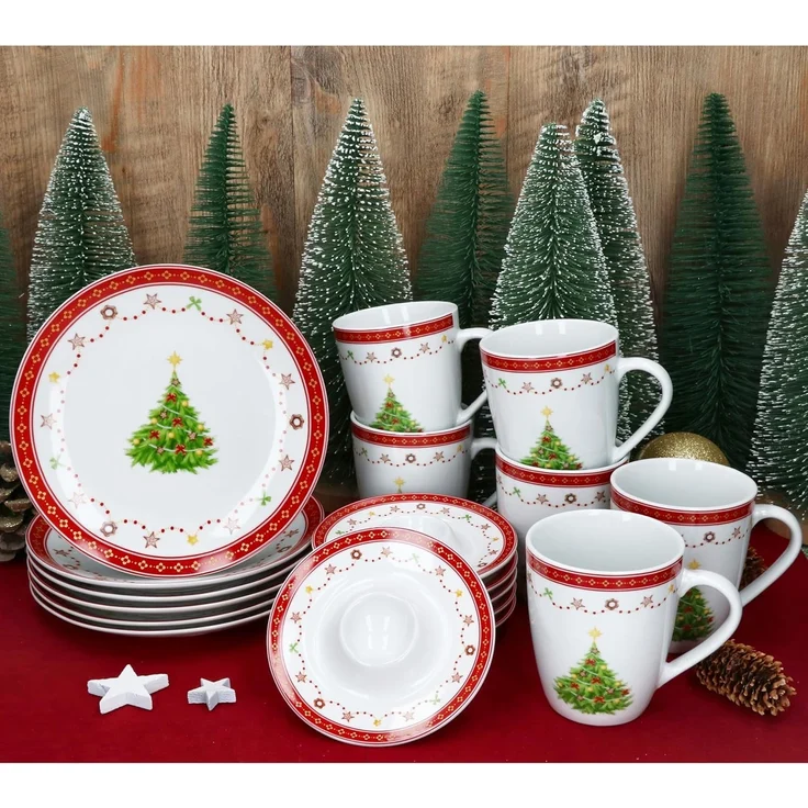 18tlg Frühstücksset Weihnachtstraum Porzellan 6 Pers. Teller Becher Eierbecher – Bild 3