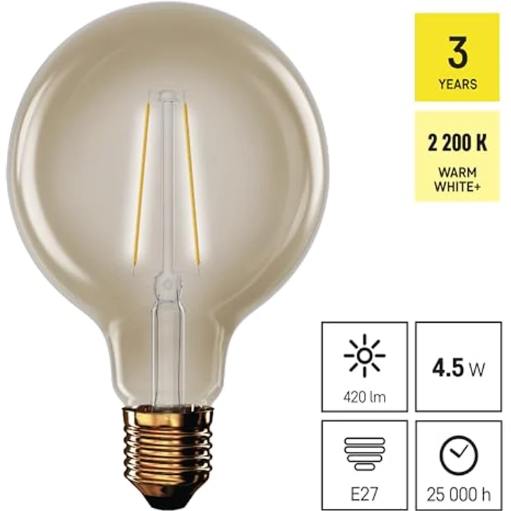 EMOS LED Lampe Vintage Edison Typ G95, 4,5W E27, amber, 420 lm, warmweiß 2200 K, 25.000 Stunden Lebensdauer, CRI min. 80, 320° Abstrahlwinkel – Bild 5