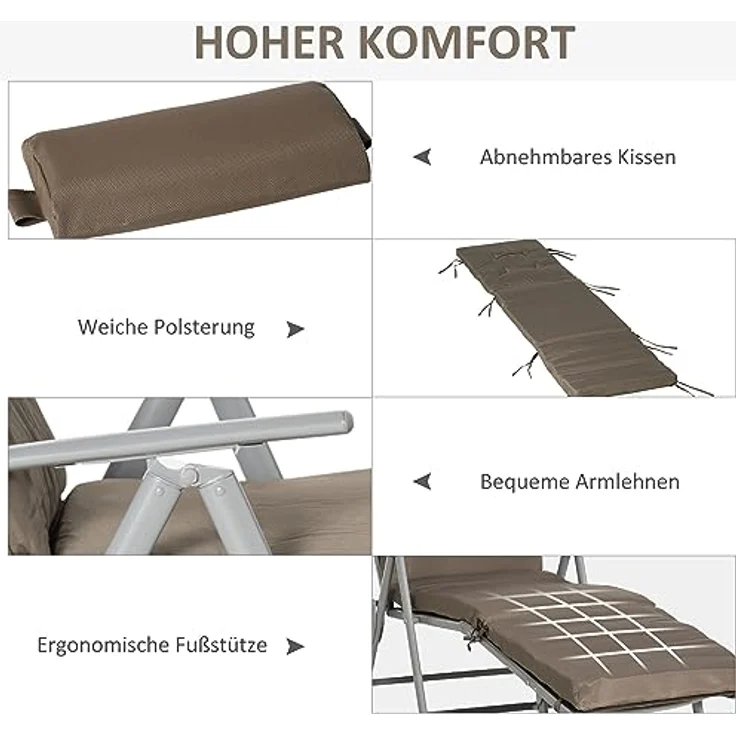 Outsunny Sonnenliege Gartenliege klappbar verstellbar mit Kissen, Metall/Texteline, Braun+Silber, bis 165 kg belastbar, 137 x 63,5 x 100,5 cm – Bild 5