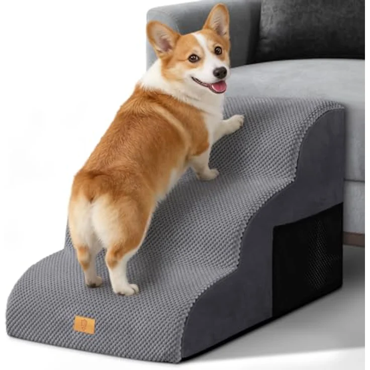 HEVOL Hundetreppe mit 3 Stufen – Hochwertige Schwamm-Hundetreppe für kleine Hunde, tragbare Haustiertreppe und Katzentreppe mit waschbarem Bezug für Sofa und Bett. Inklusive 1 Fusselrolle – Bild 2