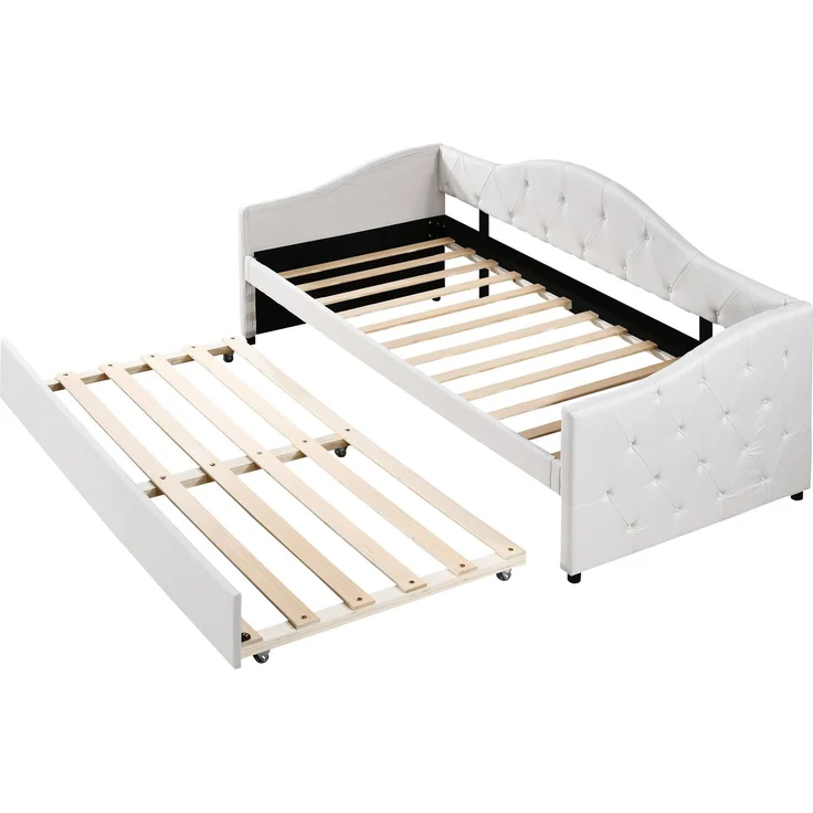 Merax Daybett, 90x200cm Tagesbett mit ausziehbarem Bett,Schlafsofa, Einzelbett(Ohne Matratze), Leinen, minimalistisches Styling, beige – Bild 9