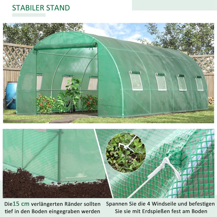 Wohnora-Gewächshaus ca 6 x 3 x 2 m Foliengewächshaus mit 8 Fenster, Rolltür, Aufrollbar Seitenwänden, UV-beständiger Folientunnel, Winterfest Tomatenhaus mit Erdanker, Grün,H 200cm x T 590cm x B 300cm – Bild 5