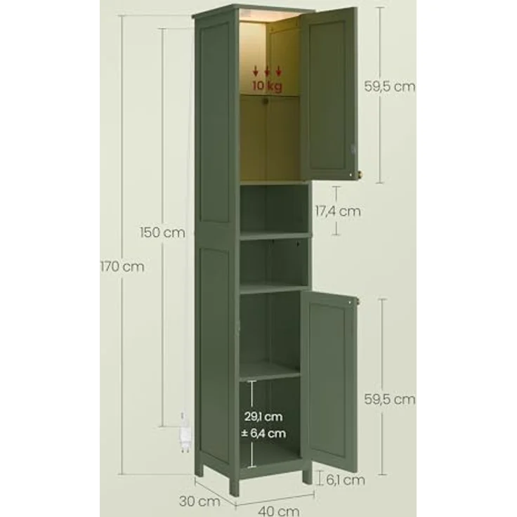 VASAGLE Badezimmerschrank mit Beleuchtung, hoch, schlanker Badschrank, Aufbewahrungsschrank mit verstellbaren Ablagen, für kleine Räume, modern, 40 cm breit, waldgrün BBC766CH03 – Bild 6