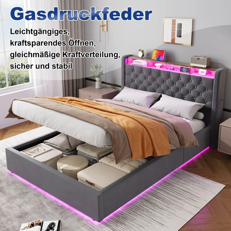 Polsterbett 140x200 cm, Grau, Holland-Velours, LED, USB-C, hydraulischer Stauraum (ohne Matratze) – Bild 7