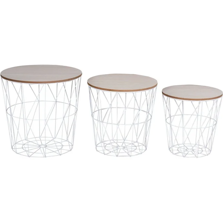 levandeo 3er Set Beistelltisch Metall Metallkorb Drahtkorb Weiß Natur Couchtisch Deckel Aufbewahrung Design Deko Tisch