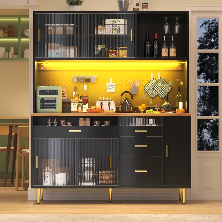 Merax 171cm Hochschränke fürs Wohnzimmer, Küchenschrank, Esszimmerschrank, Schränke mit LED-Beleuchtung, Hoher Schrank mit Lochwandregalen, schwarz – Bild 3