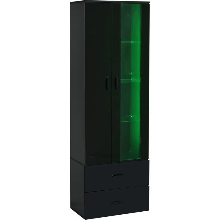 LED-beleuchtete Vitrine, 2 Türen, Standvitrine mit transparenter Tür, freistehende Vitrine LED-Vitrine Wohnzimmer Wohnzimmerwand LED-Vitrine LED-Schrank Buffetschrank,Schwarz--Schwarz--59.5x35x182cm--YOUDENOVA – Bild 9