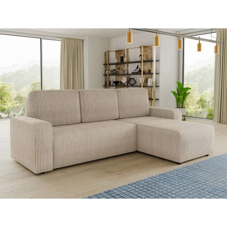 Sofnet Ecksofa 'Roma L' mit Schlaffunktion und Bettkasten, Cord Stoff Beige, 236 x 150 x 90 cm