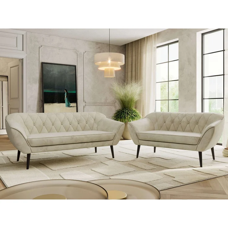 Skandinavisches Sofa Set PIRS 3-2, Komplettset, Wellenfederung, schwarze Füße, Sitzgruppe, Polstermöbel Set - Beige Velvet – Bild 4