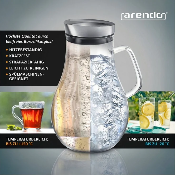 Arendo Karaffe 2x Glaskaraffe 2,0 L, Edelstahldeckel, Henkel, Grobfilter, (Set, 2-tlg, 2000 ml mit Edelstahl-Deckel, Grobfilter und ergonomischem Henkel), Wasserkaraffe, Borosilikatglas, 2000 ml, Sieb, BPA-frei – Bild 3