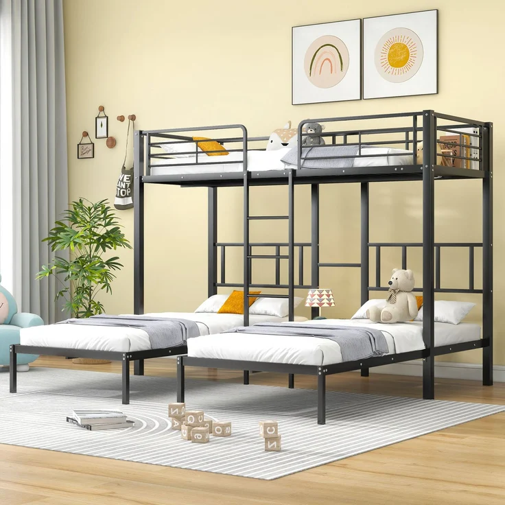 Merax Etagenbett Dreierbett Kinderbett Metallbett mit Leiter 90x200cm*3, schwarz – Bild 1