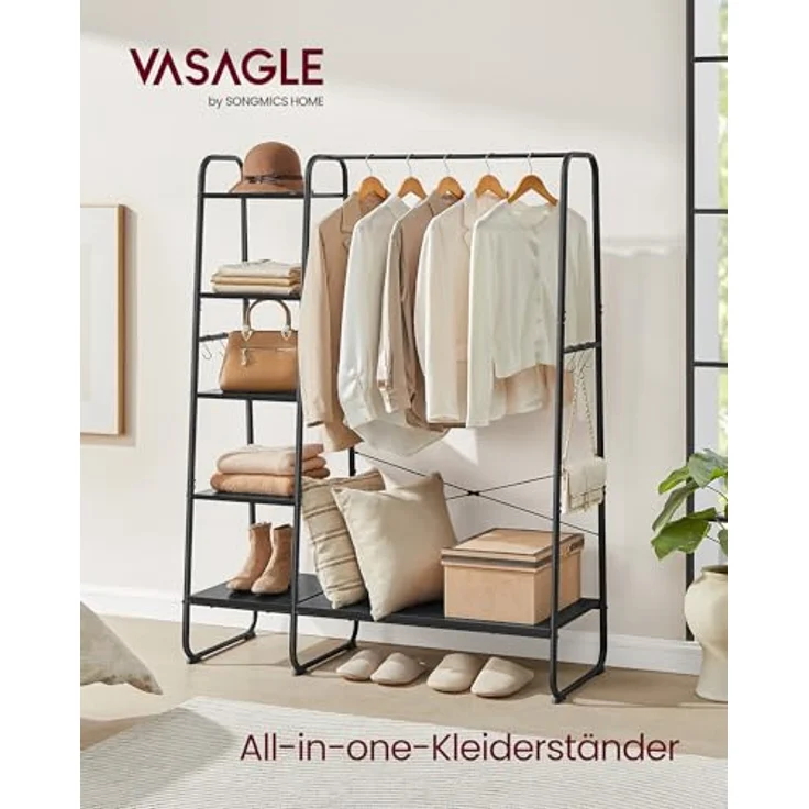 VASAGLE Kleiderständer, Garderobenständer, 45 x 120 x 160 cm Garderobe, Kleiderstange, Schuhablage, offener Kleiderschrank, 6 Haken abnehmbar, Schlafzimmer Flur, ebenholzschwarz-Mattschwarz RGR116B02 – Bild 3