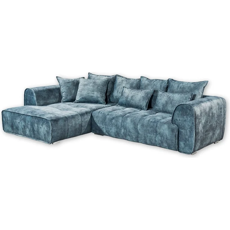 LONDON Ecksofa, Stoffbezug Smoke Blue - Moderne Eckcouch in L-Form mit universell stellbarer Ottomane & dekorativer Steppung - 320x72 (92) x 197 (B/H/T)