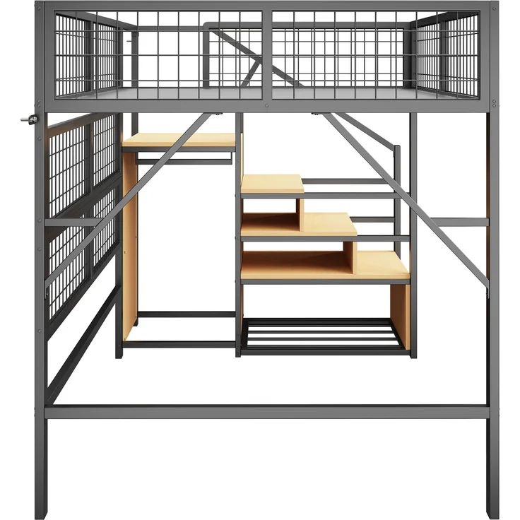 EINHOM Eisenbett, Etagenbett, Hochbett 140 x 200 cm, Geeignet für Kinder und Jugendliche Vielseitiges, Metall-Hochbett mit APP-gesteuerten LED-Lichtleisten Treppe mit Stauraum, Offenem Kleiderschrank Schwarz (Ohne Matratze) – Bild 2