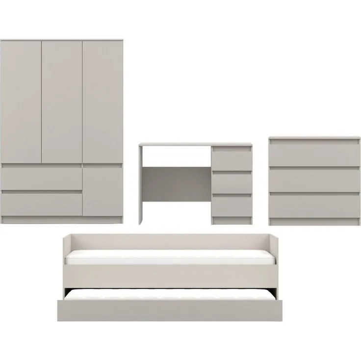 Deine Möbel 24 Jugendzimmer-Set SIMO C Kinderzimmer-Set mit Bett 90x200 cm & Gästebett 80x200 cm, (Set, 4-tlg, ideale Möbel für Kinder- und Jugendzimmer), inkl. Kleiderschrank, Kommode & Schreibtisch, Kaschmir