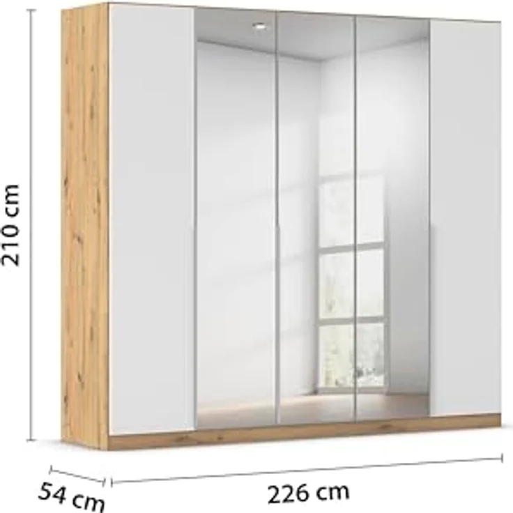 Rauch Möbel Alabama, Kleiderschrank für Schlafzimmer, Kinderzimmer, Wohnzimmer, Garderobe, Flur, 5-türig, Spiegel, mit Zubehör Premium, Farbe Weiß/Eiche Artisan, Holz, Breite 226 cm – Bild 3