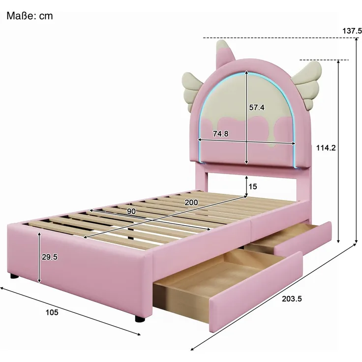 Prinzessinbett mit LED-Beleuchtung, Kopfteil und Schubladen, 90x200cm, Mädchenbett, Polsterbett für Mädchen, Einzelbett, Kunstleder – Bild 6