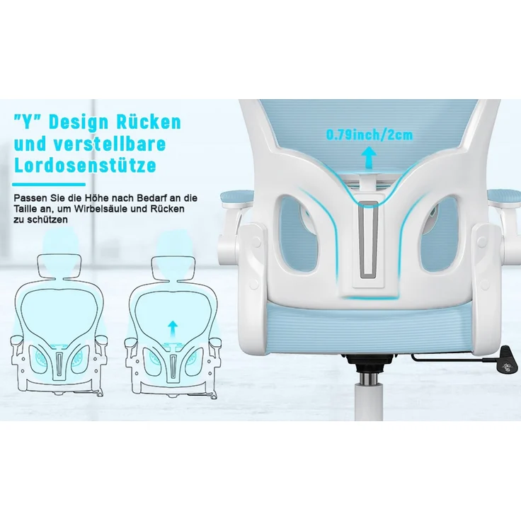 Botifly Ergonomischer Bürostuhl mit Kopfstütze, Mesh-Gewebe, Hellblau, 90°-120° Wippfunktion, 10 cm Höhenverstellbar – Bild 7
