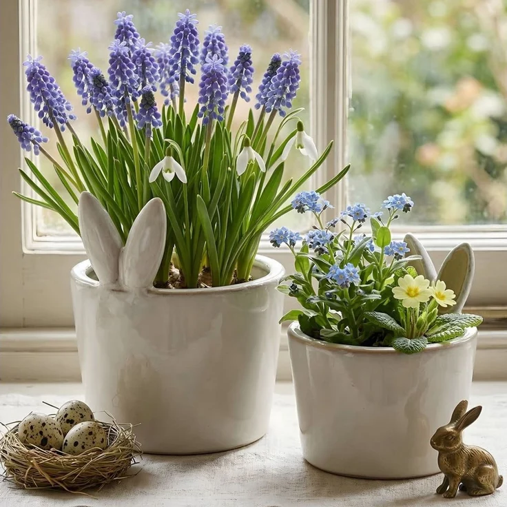 Dekoleidenschaft Blumentopf "Hasenöhrchen" aus Porzellan, Pflanztopf, Übertopf klein, Osterdeko (2 St, im Set), in creme-weiß & beige – Bild 1