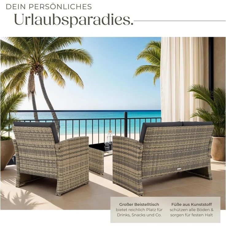 tectake Lounge Gartenmöbel Set Poly Rattan für den Garten, Möbel für den Balkon, 12-teilige Garten Lounge (wetterfest), Essgruppe mit Outdoor Sofa, Sessel und Tisch für 4 Personen (Natur/Dunkelgrau) – Bild 5