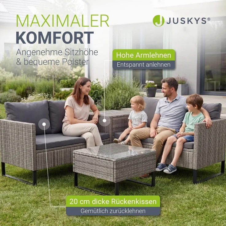 Juskys Outdoor Polyrattan Lounge Santorini inkl. Abdeckung - Gartenlounge mit Beistelltisch & Auflagenbox - Gartenmöbel Set Rattan Sitzecke wetterfest - Grau – Bild 5
