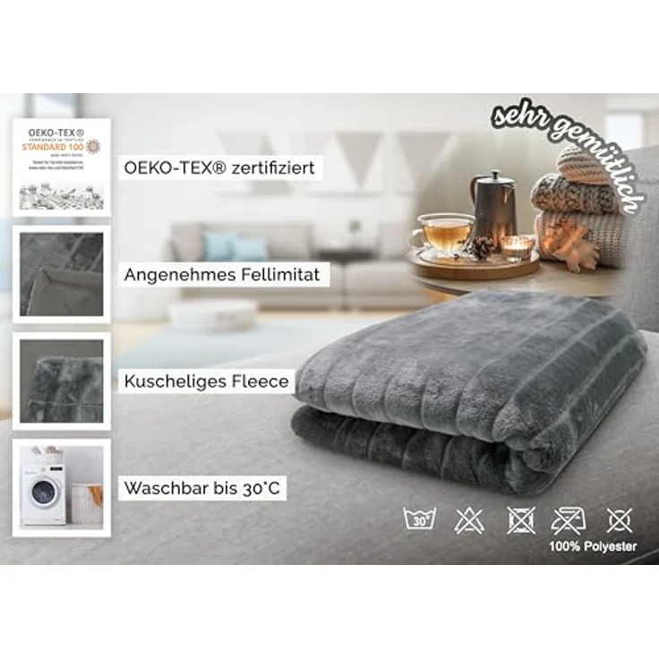 Zollner Kuscheldecke, Grau, 150x200 cm, Oeko-Tex® Standard 100, aus 100% Polyester, leicht und anschmiegsam – Bild 3