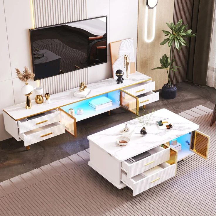 DESVIAE TV-Schrank mit LED-Beleuchtung und 4 Schubladen, 170x37x47,5 cm, Spanplatte, Weiß/Gold – Bild 4