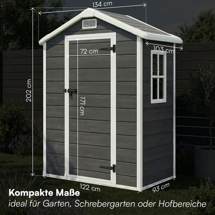 STEELSØN 'Novara' Gerätehaus Satteldach, Kunststoff, dunkelgrau mit Holzoptik, wetterfest, 202x103x134 cm, abschließbar, Gartenhaus mit Fenster – Bild 7