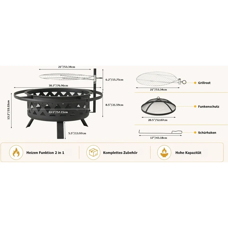 Aoxun Feuerschale mit Grillrost und Funkenschutz, 2-in-1 Feuerstelle für Garten & Terrasse, 360° Schwenkgrill mit Höhenverstellung, 77x77x53,5cm, Outdoor Feuerkorb zum Grillen und Heizen,Schwarz – Bild 8