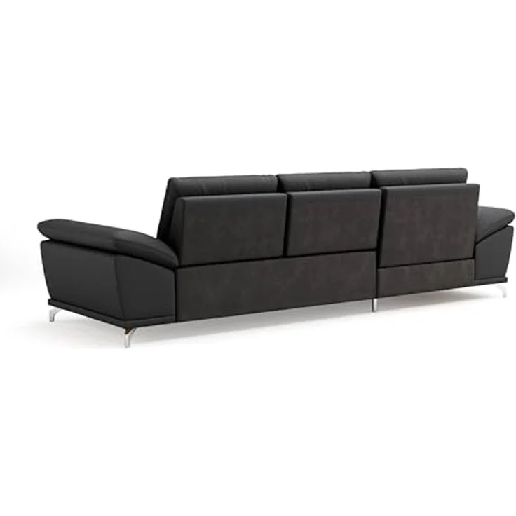 Cavadore Eckcouch Castiel mit Federkern / Ecksofa mit großem Longchair, Sitztiefenverstellung und mattschwarzen Metallfüßen / 301 x 89 x 176 / Echtleder, Schwarz – Bild 5