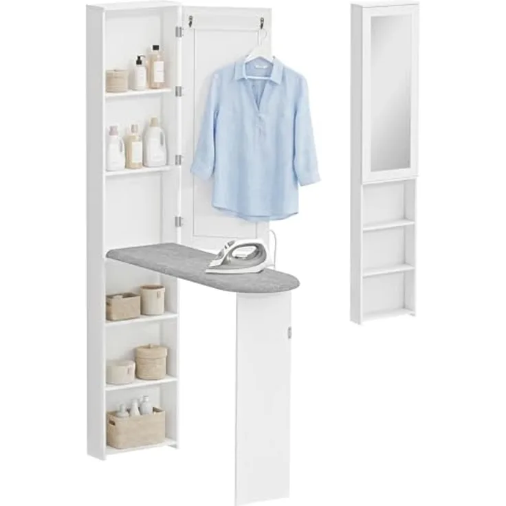 HOMCOM Bügelbrett Faltbarer Bügelbrettschrank mit Tür, internen Regalen, Spiegel, Bügelfläche 93x31 cm, für Waschküche oder kleine Räume, 106 x 35 x 174 cm, Weiß