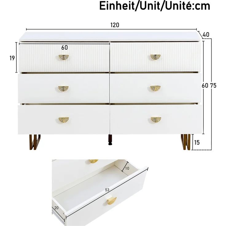 Sideboard Weiß MDF 120 x 40 x 75 cm mit 6 Schubladen, modern, Metallbeine, Aufbewahrungsschrank Wohnzimmer – Bild 7